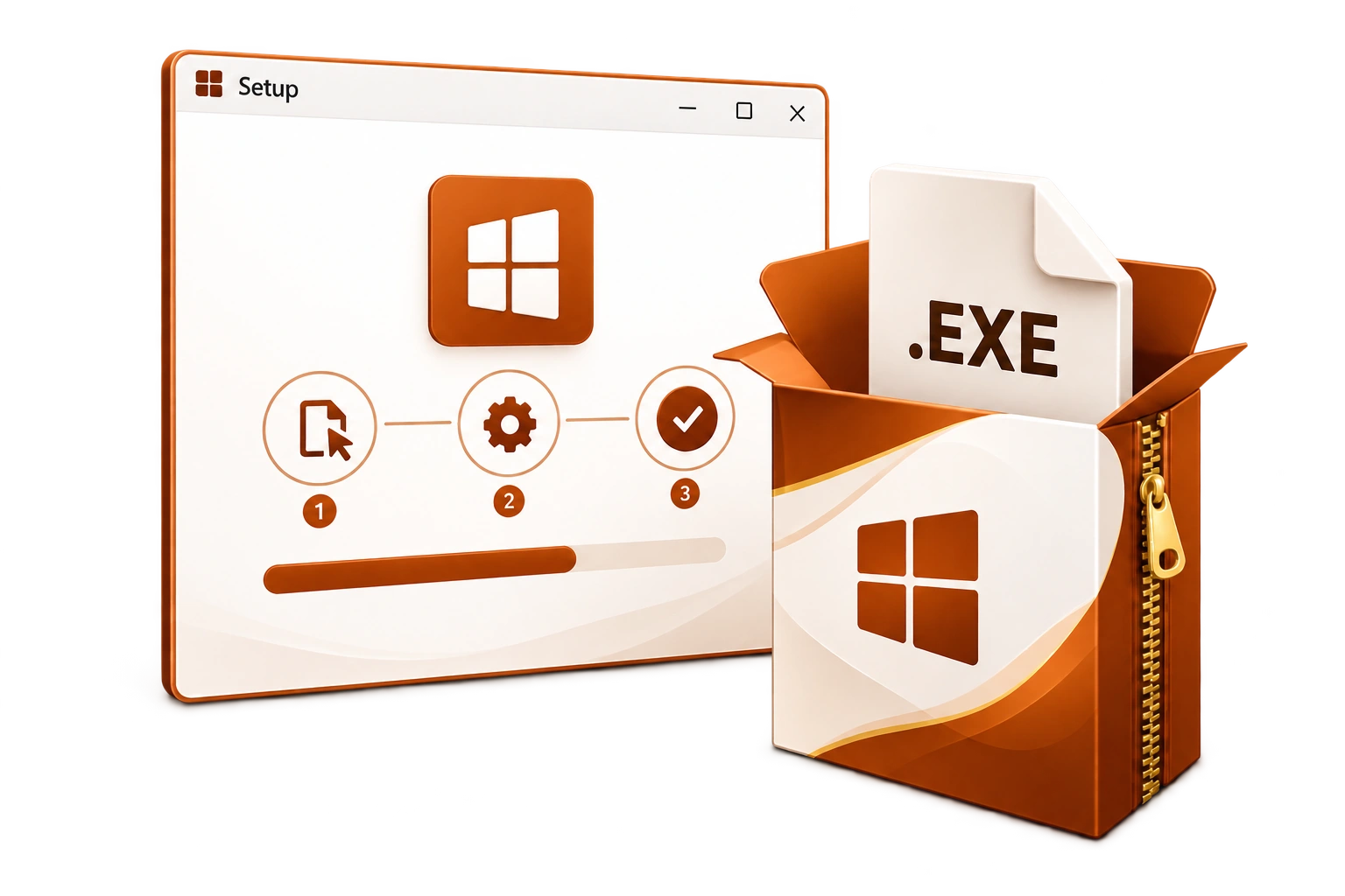 Conceptual illustration of a setup window with three steps beside an open package box holding an .EXE file.