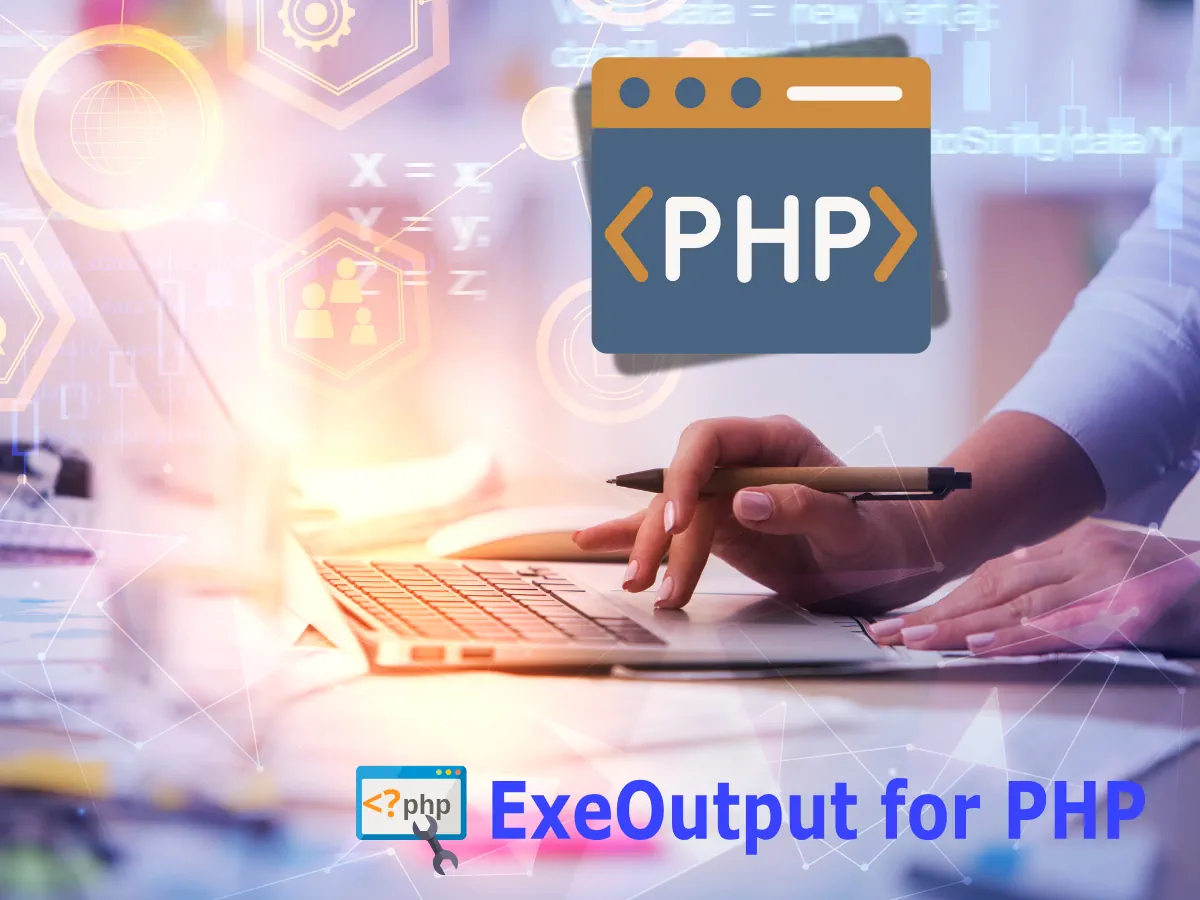 ExeOutput for PHP: a PHP logo above a laptop keyboard