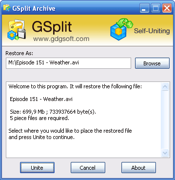 GSplit Self-Uniting window with a destination folder, restoration instructions and the Unite button