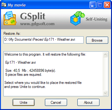 GSplit Self-Uniting window with the destination file, restoration instructions and Unite button